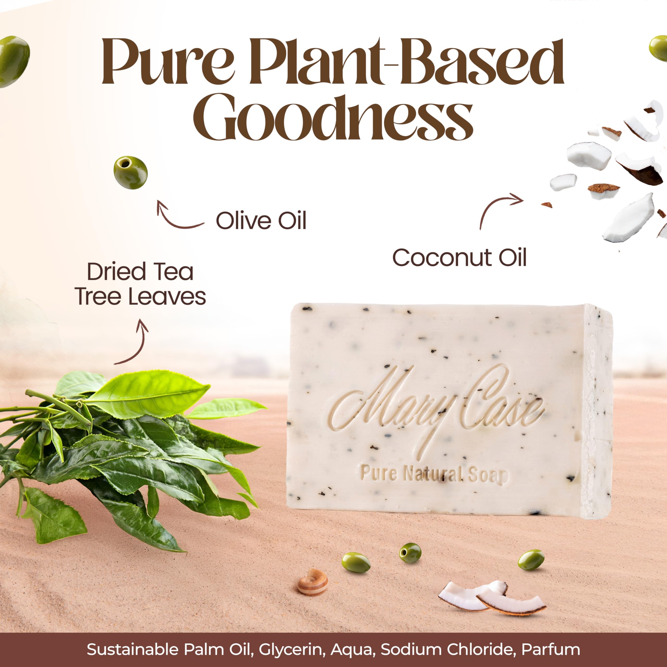 Mary Case All Natural Bar Soap for Men & Women (Set of 4) - Tea Tree Body Soap Bars with Olive, Coconut, Tea Tree Oils & Leaves - Vegan Bath Soaps for Balancing Oily Skin & Clearing Pores